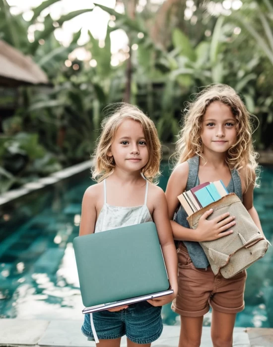 Students learning outdoors with laptop and books
